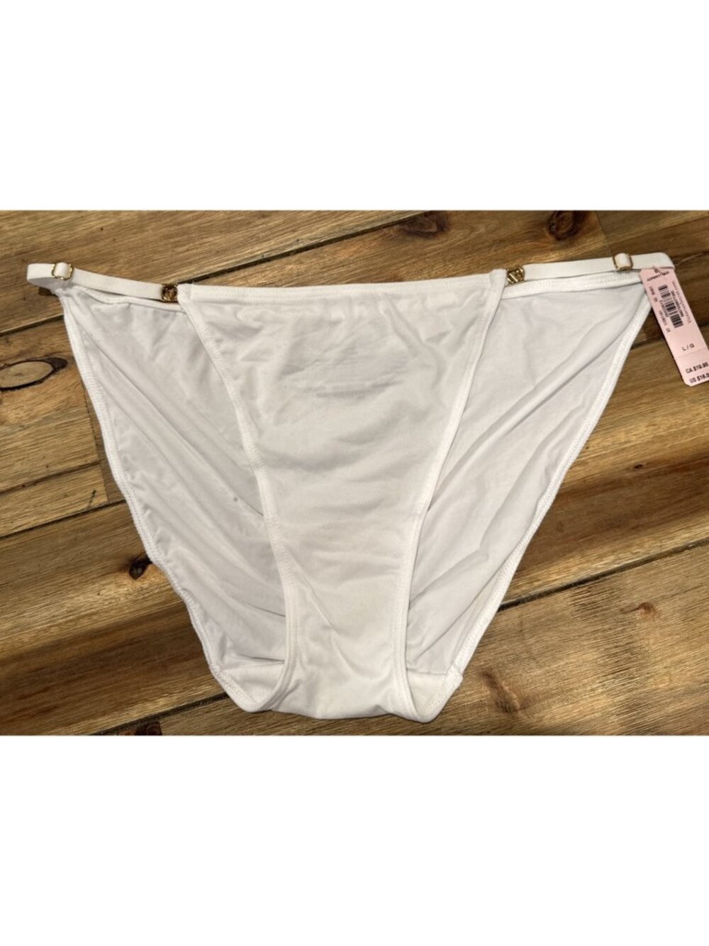 VICTORIA'S SECRET L WHITE SILKY ADJUSTABLE GOLD SIDES STRING BIKINI PANTIES NWT